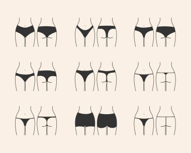 Kadın külotu tipleri. Önde ve arkada. İç çamaşırı seti, klasik, yüksek bel, bikini, Brezilya şortu, tanga, G-string, erkek şortu, T-string