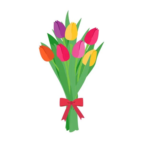 Colorful tulips flower bouquet on isolated white background. Beautiful bunch of spring flowers with long leaves inside bouquet. Vector illustration