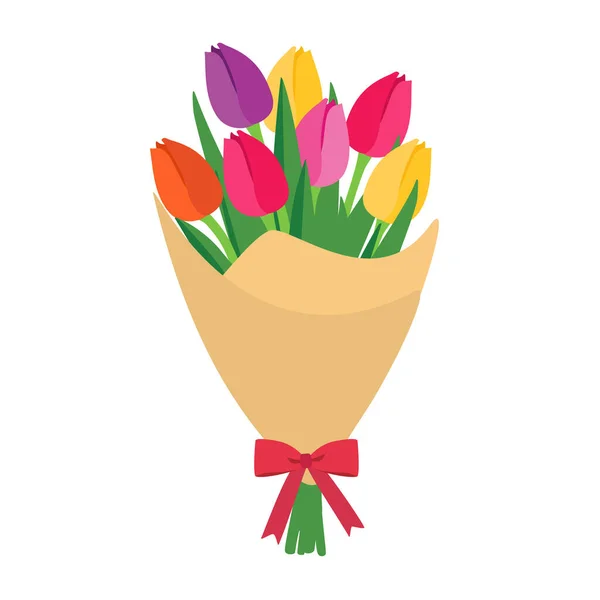 Colorful tulips flower bouquet on isolated white background. Beautiful bunch of spring flowers with long leaves inside bouquet. Vector illustration
