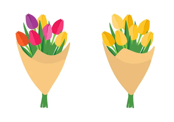 Set Mazzi Fiori Tulipano Isolati Sfondo Bianco Fiori Primaverili Con — Vettoriale Stock