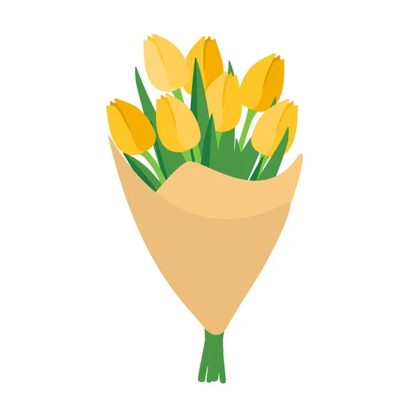 美丽的黄色郁金香花花束 白色背景下平面设计 长有绿色叶子的春花 矢量说明 — 图库矢量图片