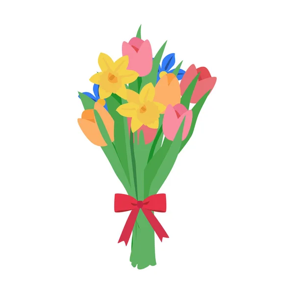 Bunte Blumensträuße Auf Isoliertem Weißem Hintergrund Tulpen Narzissen Und Narzissen — Stockvektor