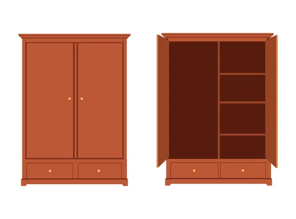 Wooden Empty Wardrobe Wood Dresser Walldrobe Worderobe Drawer Shelves Hangers — Stock Vector
