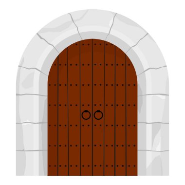 Ortaçağ ahşap kapılı kale kapısı beyaz arka planda izole edilmiş. Vektör illüstrasyonu