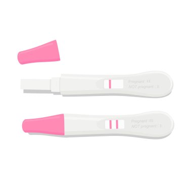 Pozitif, negatif 2 çizgi hamilelik testi kitleri beyaz arka planda izole edildi. Hamile, doğum konsepti. Vektör illüstrasyonu