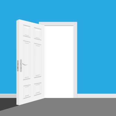 Vektör illüstrasyonu açık kapı girişi beyaz arka planda izole edilmiş gerçekçi kapı. Açık ev konsepti