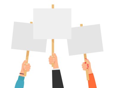 Pankart tutan insanlar. Haklar için mücadele. Grev işaretleri. Propaganda posterleri. Boş protesto işaretleri. Vektör illüstrasyonu