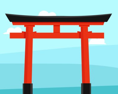 Mavi gökyüzü arka planında bulutlu geleneksel Japon kırmızı torii kapısı. Itsukushima simgesinin vektör çizimi