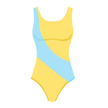 Beyaz arka planda izole edilmiş bir kadın mayosu. Kadınlar yüzme kıyafetleri. Modern sarı, mavi mayo. Vektör illüstrasyonu.
