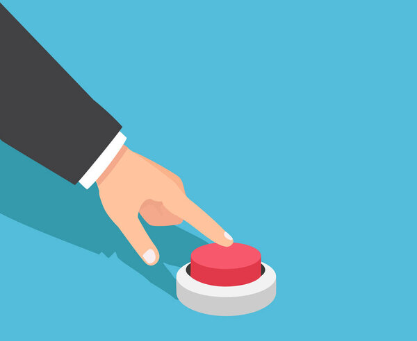 Hand pushing red button. Pressing button. Vector illustration