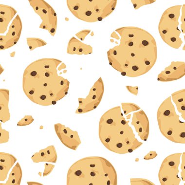 Kusursuz desenli, geleneksel kurabiyeli ve çikolatalı cipsli arka plan. Isırılmış, kırılmış, kurabiye kırıntıları. Taze pişmiş çikolatalı kurabiye. Vektör