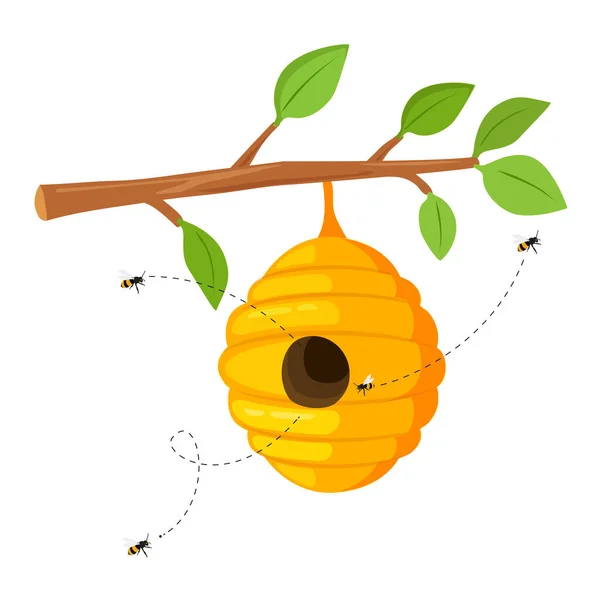 Yellow Bee Hive Hanging Tree Branch Bees Flying Honey Beehive — Stock Vector