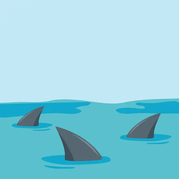 Group Dangerous Marine Animals Shark Fin Water Waves Vector Illustration — Stock Vector