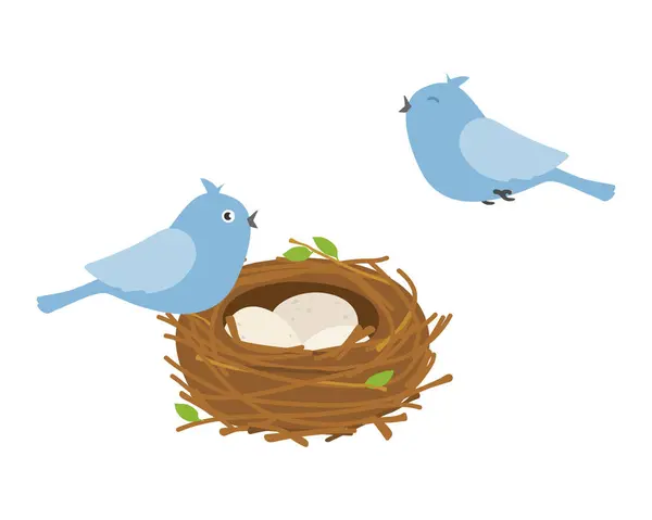Bird flying to nest with three eggs and bird inside isolated on white background. Vector illustration