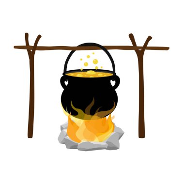 Beyaz arka planda izole edilmiş bir şekilde kamp ateşinde yemek pişirmek. Şenlik ateşinin üzerinde kamp kuruyorum. Vektör illüstrasyonu