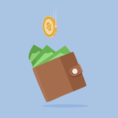 Dolar banknotları ve altın paraları olan kahverengi deri cüzdan. İçinde para olan bir cüzdan. Çevrimiçi ödeme kavramı. Para vektörü simgesi