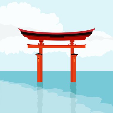 Mavi gökyüzü arka planında bulutlu geleneksel Japon kırmızı torii kapısı. Itsukushima simgesinin vektör çizimi