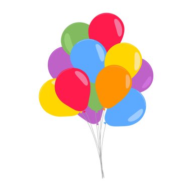 Bir grup, düz stil renkli helyum balonu. Balonlar beyaz arka planda izole edildi. Vektör illüstrasyonu