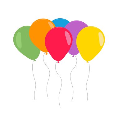 Bir grup, düz stil renkli helyum balonu. Balonlar beyaz arka planda izole edildi. Vektör illüstrasyonu