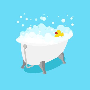 Sabun köpüklü küvet ve sarı ördek. Banyodaki küvette rahatla. Vektör illüstrasyonu