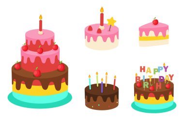 Doğum günü pastası tasarım vektörü seti. Renkli ve leziz aromalı doğum günü pastası koleksiyonu. Parti elemanları. Vektör illüstrasyonu 