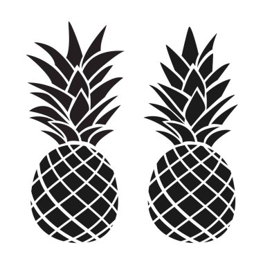 Tropik meyve ananas logosu tasarımı. Beyaz arka planda izole edilmiş siyah ananas silueti. Vektör illüstrasyonu
