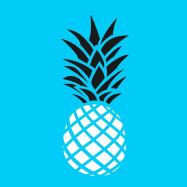 Tropik meyve ananas logosu tasarımı. Ananas beyazı siluet mavi arka plan. Vektör illüstrasyonu
