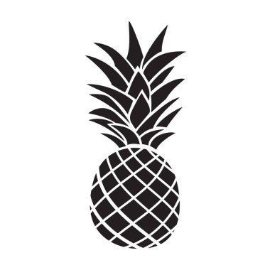 Tropik meyve ananas logosu tasarımı. Beyaz arka planda izole edilmiş siyah ananas silueti. Vektör illüstrasyonu