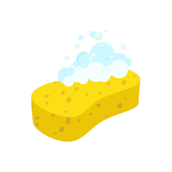 Желтая чистящая губка с мыльными пузырями для мытья и купания изолированы на белом фоне. Векторная иллюстрация
