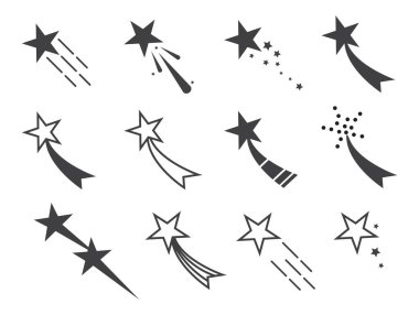 Kayan yıldız ikonu seti. İzi olan kayan bir yıldız. Kuyruklu yıldızı olan uçan bir yıldız. Vektör illüstrasyonu