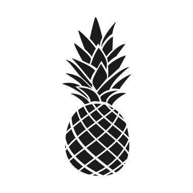 Tropik meyve ananas logosu tasarımı. Beyaz arka planda izole edilmiş siyah ananas silueti. Vektör illüstrasyonu