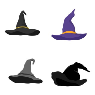 Cadı şapkaları vektör simgeleri. Büyücü başlığı, geleneksel sihirbaz şapkası. Cadılar Bayramı partisi şapkaları beyaz arka planda izole edilmiş.
