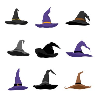 Cadı şapkaları vektör simgeleri. Büyücü başlığı, geleneksel sihirbaz şapkası. Cadılar Bayramı partisi şapkaları beyaz arka planda izole edilmiş.
