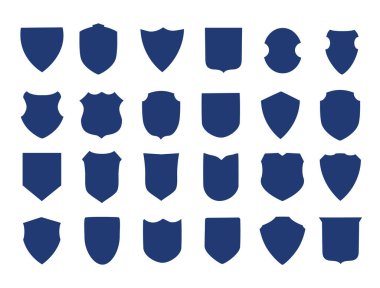 Kalkan, etiket ve rozet koleksiyonu. Vektör çizimi. Yama, işaret ya da üst üste koymak için mavi siluet şablonu.