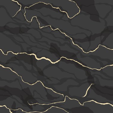 Marbel levhası ya da grunge taşı dikişsiz desen. Siyah ve altın mermer kumaş ve arka plan lüksü. Vektör illüstrasyonu