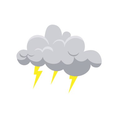 Beyaz arka planda, yıldırımlı gri bulut. Gök gürültüsü bulutlu gökyüzü. Hava, yaz ya da sonbahar konsepti. Fırtına var. Vektör illüstrasyonu