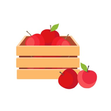 Beyaz arka planda izole edilmiş tahta kutuda taze olgun kırmızı elmalar. Vektör illüstrasyonu