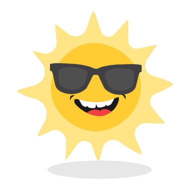 Beyaz arka planda izole edilmiş güneş gözlüklü sevimli güneş ışığı. Güneş emoji vektör simgesi. Hava güneşinin sembolü. Saf sarı güneş. Yaz tatili. Güneş yüzü