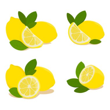 Beyaz arka planda yaprakları olan gerçekçi taze limon. Bir bütün, dilimlenmiş, yeşil yapraklı bir dilim limon. Vektör illüstrasyonu