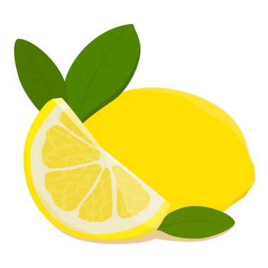 Beyaz arka planda yaprakları olan gerçekçi taze limon. Tam ve bir dilim narenciye. Vektör illüstrasyonu