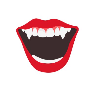 Sivri dişli vampir ağzı. Beyaz arka planda izole edilmiş vampir dişli açık kırmızı dudaklar. Cadılar Bayramı. Vektör illüstrasyonu