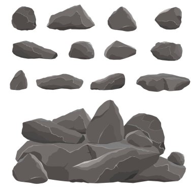 Taşlar ve kayalar vektör simgesi beyaz arkaplanda izole edildi. Taş kaya, moloz ya da çakıl. Taş yığını..
