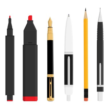 School office supplies, stationery. Highlighter marker, fountain pen, pencil, ballpoint pen, rollerball pen and mechanic pencil. Vector illustration clipart