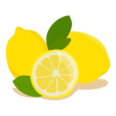 Beyaz arka planda yaprakları olan gerçekçi taze limon. Tam ve bir dilim narenciye. Vektör illüstrasyonu