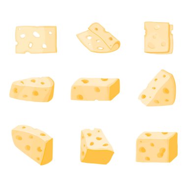 Beyaz arka planda izole edilmiş peynir parçaları ve dilimler. Peynir ikonu. Gerçekçi vektör illüstrasyonu
