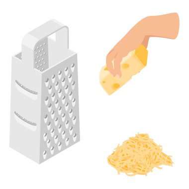 Vektör çizim peynir rendesi, rendelenmiş peynir ve beyaz arkaplanda izole edilmiş bir parça peynir.