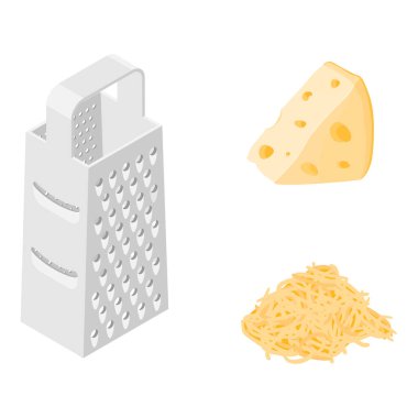 Vektör çizim peynir rendesi, rendelenmiş peynir ve beyaz arkaplanda izole edilmiş bir parça peynir.