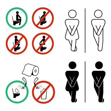 Tuvalet tabelası hazır. Kızlar ve oğlanlar tuvalette resim çektiriyorlar. Uyarı levhası klozet kapağına otur, ayakta durma, tuvalete çömelme. İçki yasağı işareti. Tuvaleti kullanmanın doğru yolu. Vektör simgesi ayarlandı