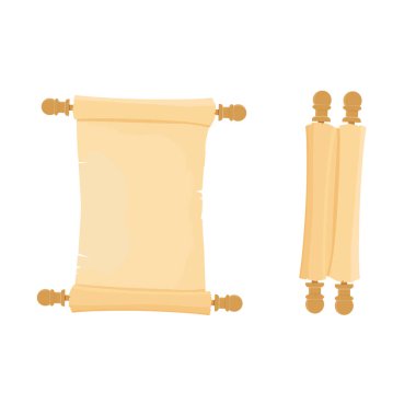 Açıldı ve katlandı parşömen parşömeni beyaz arkaplanda izole edildi. Eski kağıt rulo, papirüs. Vektör illüstrasyonu