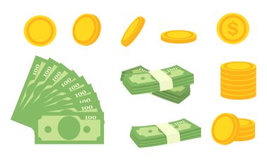 Altın sikkeler ve yeşil kağıt para takımı. İş afişleri ve konseptler için para yeşil dolar. Vektör